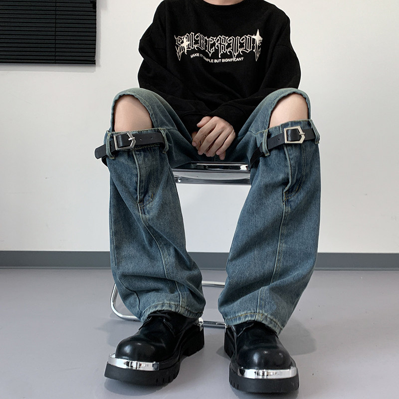 港风秋款男牛仔裤工装拼接渐变色膝盖破洞皮带休闲长裤nk6037P55,男装牛仔裤,星座1013-1