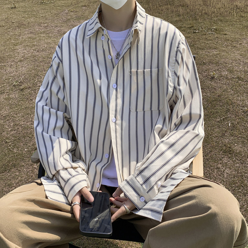 港风夏款男长袖衬衫条纹衬衣休闲外套CS315 P40图片
