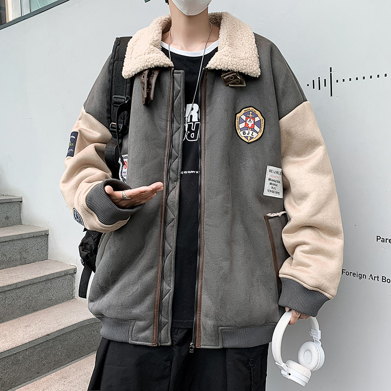 冬款男棉衣翻领勋章贴标机车欧美加绒加厚棉袄羊羔毛外套Y47图片