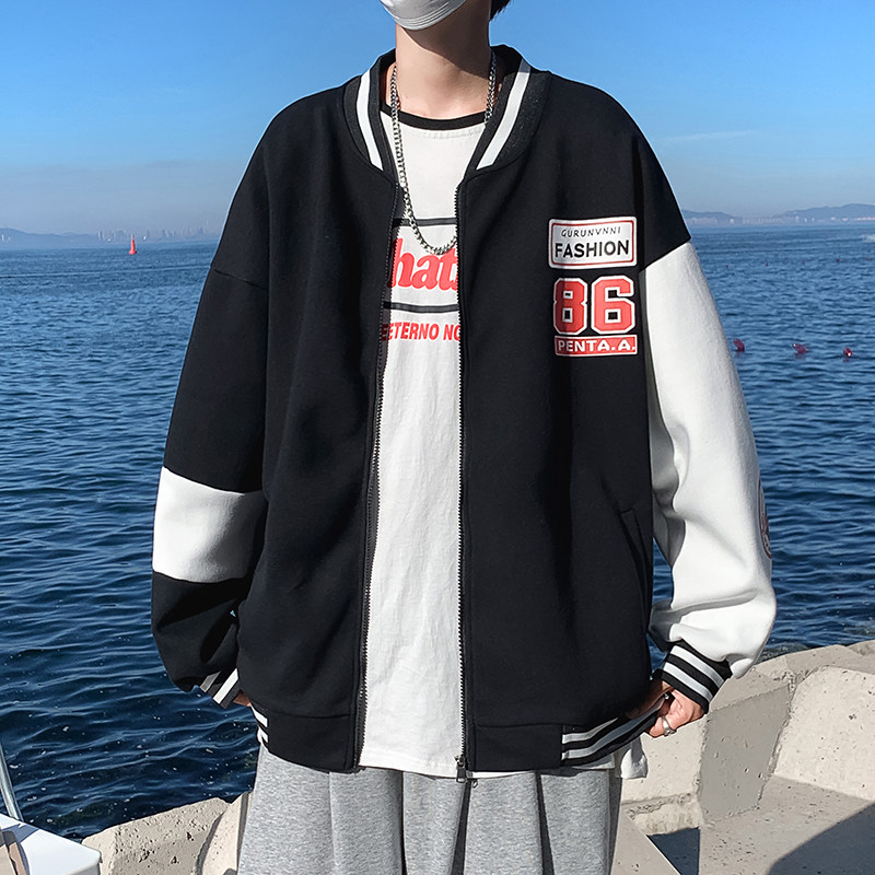 2021港风秋款男夹克字母印花棒球立领贴标徽章休闲外套JK019 P50图片