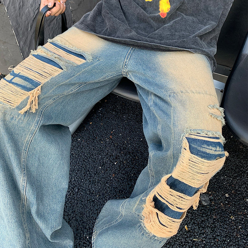 夏款男牛仔裤大破洞补丁渐变色宽松直筒牛仔长裤nk91P55,男装牛仔裤,星座1013-1