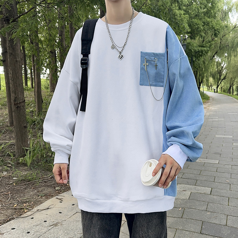 港风秋款男卫衣套头拼色铁链十字架休闲外套wy015P35,男装卫衣,星座1013-1