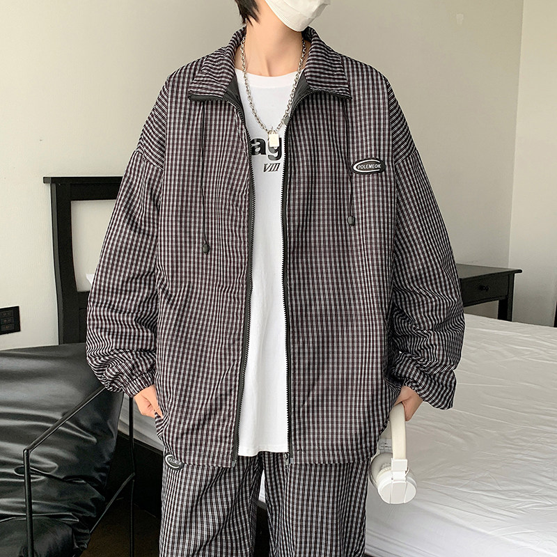 2022港风春款男休闲套装贴标条纹格子夹克外套休闲裤TZ05P60,男装休闲套装,星座1013-1