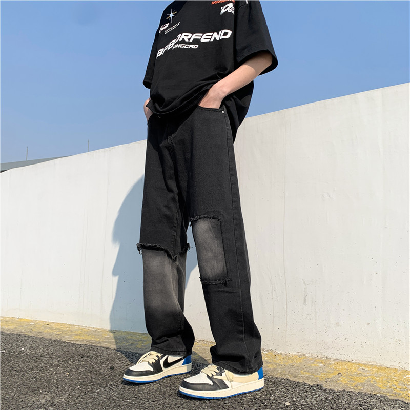 港风夏款男牛仔裤流苏破洞补丁直筒宽松休闲长裤nk913P45,男装牛仔裤,星座1013-1