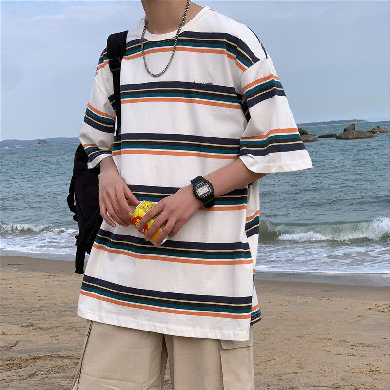 港风夏短袖T恤字母印花条纹宽松百搭五分T恤衫T326P25,男装T恤,星座1013-1