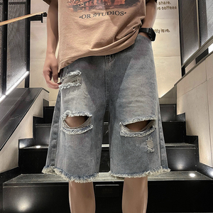 港风夏款男牛仔短裤破洞流苏复古休闲中马裤D589 P40图片