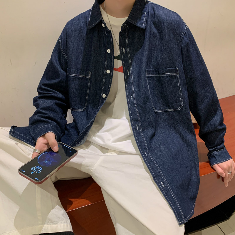 港风秋男牛仔衬衫长袖褂子工装口袋明线休闲百搭外套CS926P45,男装衬衫,星座1013-1