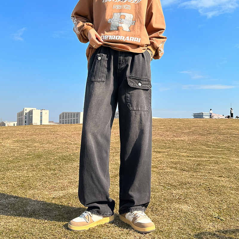 港风秋冬款男牛仔裤工装裤大口袋渐变色直筒宽松长裤nk741P45,男装牛仔裤,星座1013-1