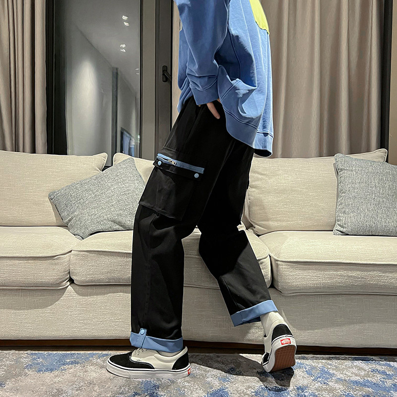 港风秋冬男休闲裤加厚工装大口袋拉链条纹直筒宽松九分裤h069,男装休闲裤,星座1013-1