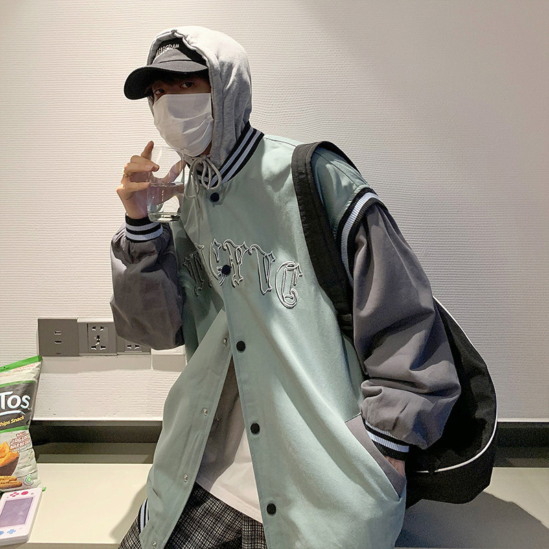 港风秋款男假二件夹克棒球服连帽单排扣刺绣字母外套JK8036P65,男装夹克,星座1013-1
