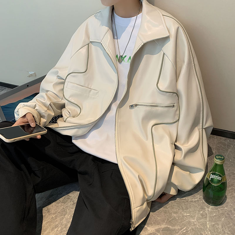 高品质秋款男皮衣翻领工装口袋拉链条纹皮夹克外套JK66P60，男装皮衣，星座1013-1