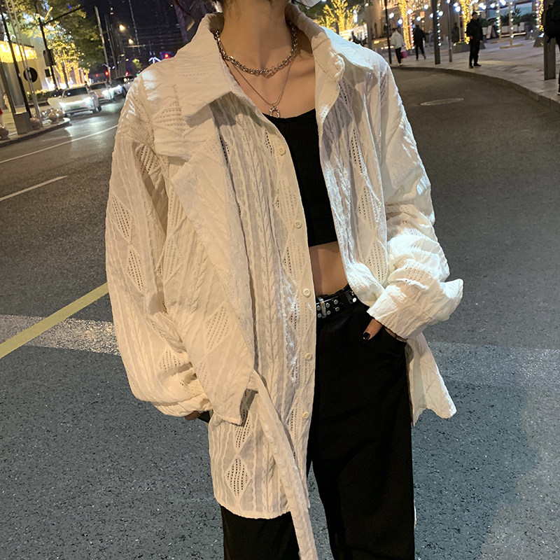 夏款设计感立体假两件提花镂空织带长袖衬衫男女防晒衣CS025P60,男装衬衫,星座1013-1