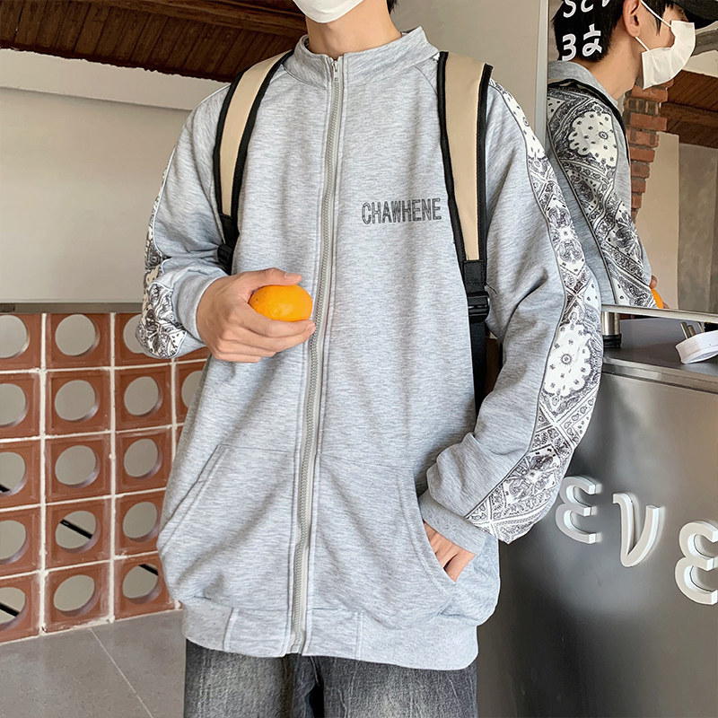 港风秋男夹克开衫字母腰果印花拼接立领拉链运动卫衣外套J,男装夹克,星座1013-1