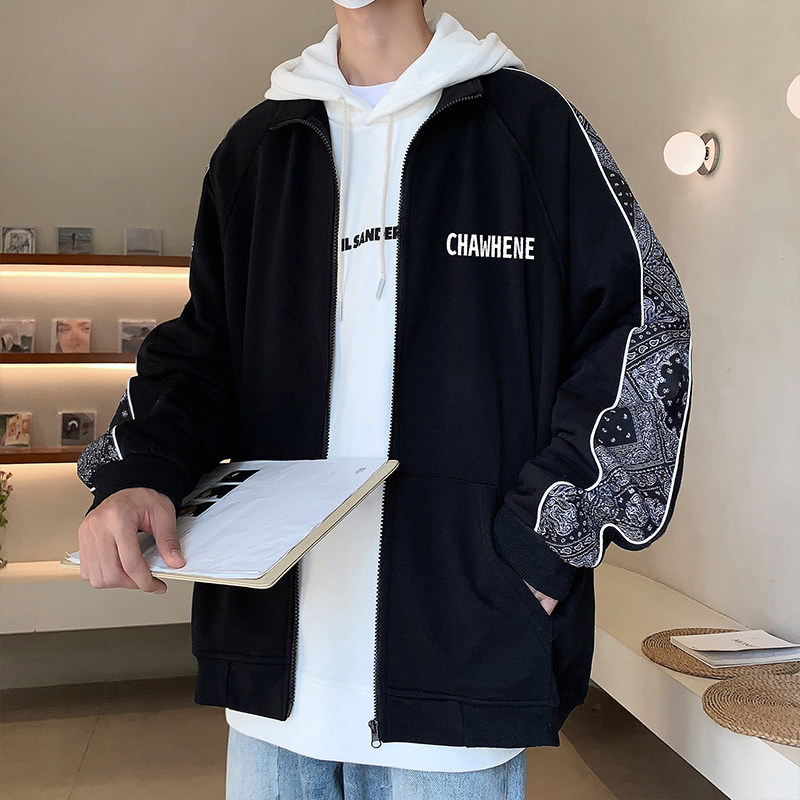 港风秋男夹克开衫字母腰果印花拼接立领拉链运动卫衣外套J,男装夹克,星座1013-1