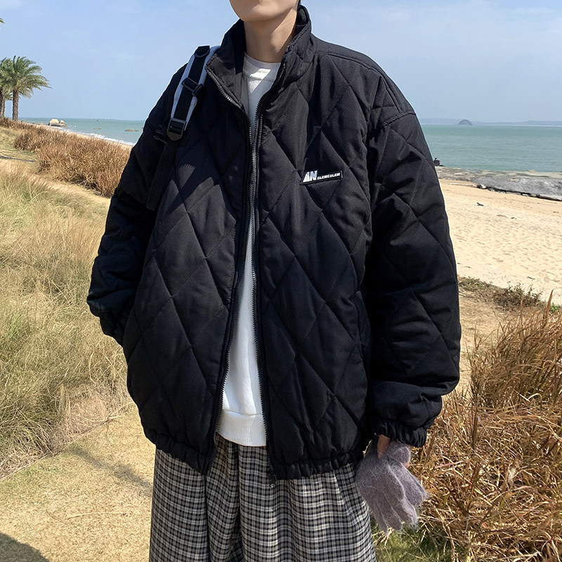港风冬款男棉衣立领菱形格胶印贴标加厚面包服棉袄外套Y798P75,男装棉衣,星座1013-1