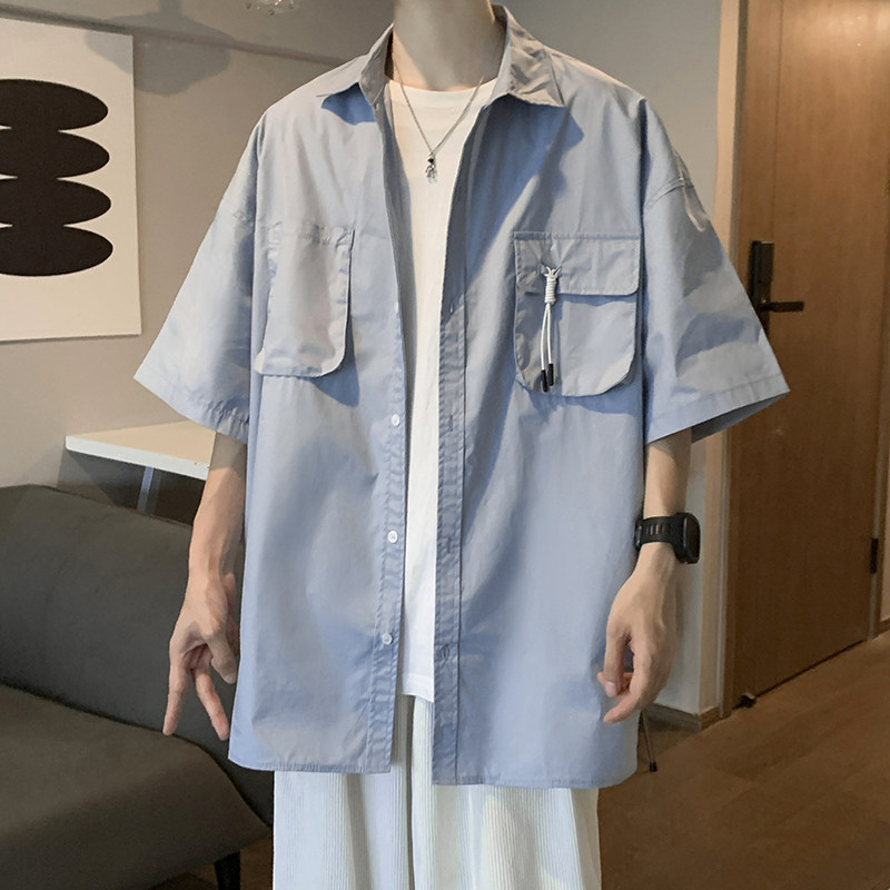 港风夏款男短袖衬衫工装口袋织带休闲衬衫CS1260P40,男装衬衫,星座1013-1
