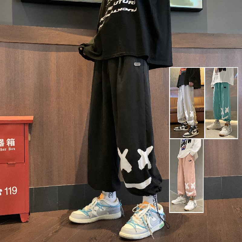 港风秋款男直筒宽松字母印花裤休闲九分裤h364图片