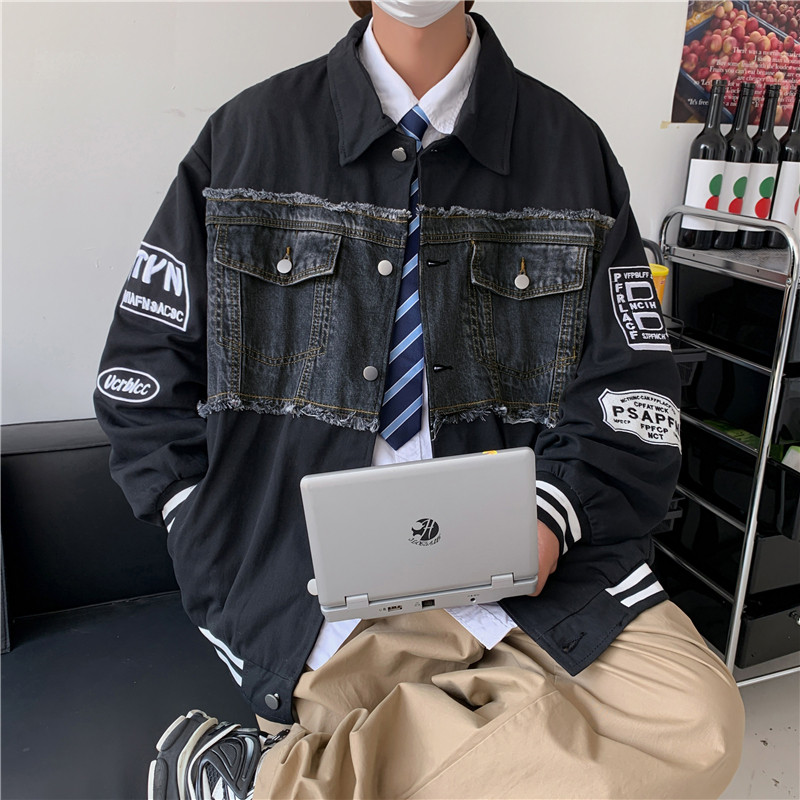 港风秋款男夹克牛仔拼字母刺绣勋章条纹休闲外套J,男装夹克,星座1013-1