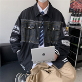 港风秋款男夹克牛仔拼字母刺绣勋章条纹休闲外套J，男装夹克，星座1013-1