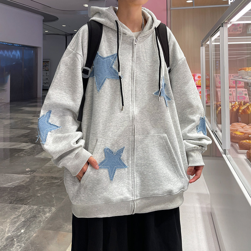 港风秋款男卫衣连帽五角星拼接宽松休闲外套wy231P55,男装夹克,星座1013-1