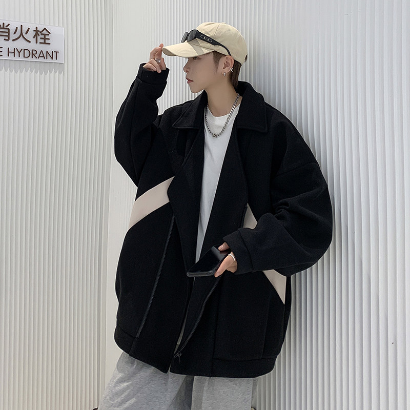 港风秋冬款男毛呢大衣条纹拼接拉链夹克外套DY7716P75,男装毛呢大衣,星座1013-1