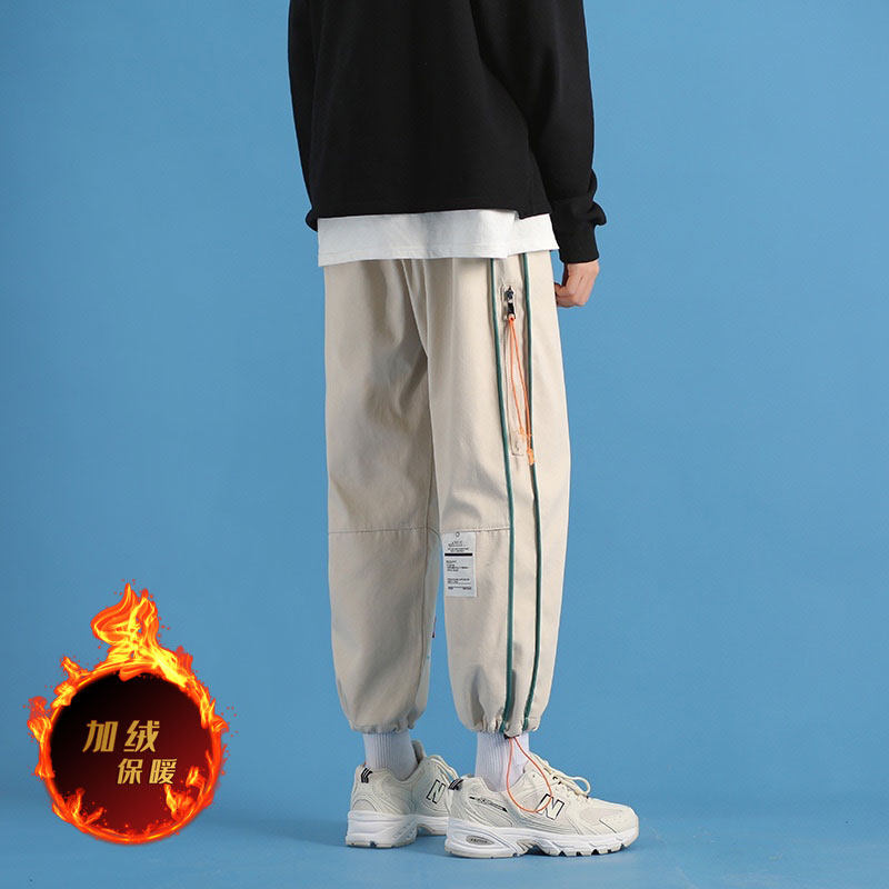 冬款男休闲裤加绒加厚条纹贴标束脚纯棉抽绳潮裤h230加绒图片