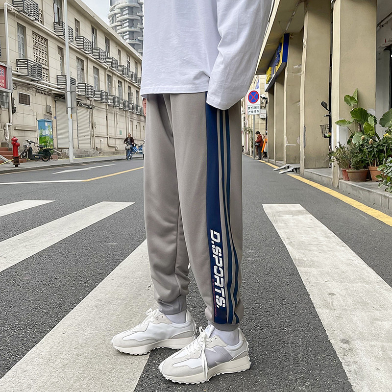 2021港风春款男休闲裤束脚裤条纹拼接字母印花九分裤h38P33,男装休闲裤,星座1013-1