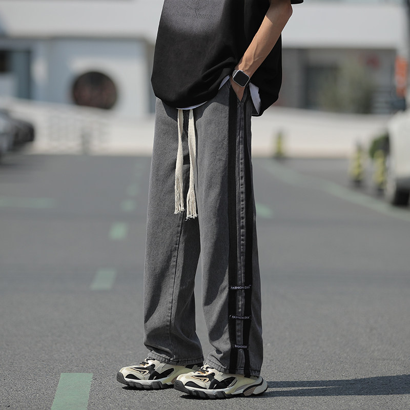 港风夏款男牛仔裤条纹拼接直筒宽松休闲裤nk5012P50,男装牛仔裤,星座1013-1