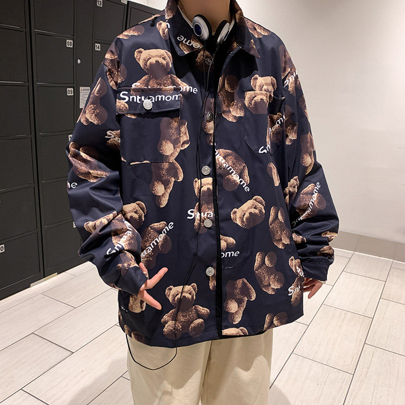 港风秋男休闲夹克小熊字母印花翻领潮版外套加大码M-5xlJ,男装夹克,星座1013-1