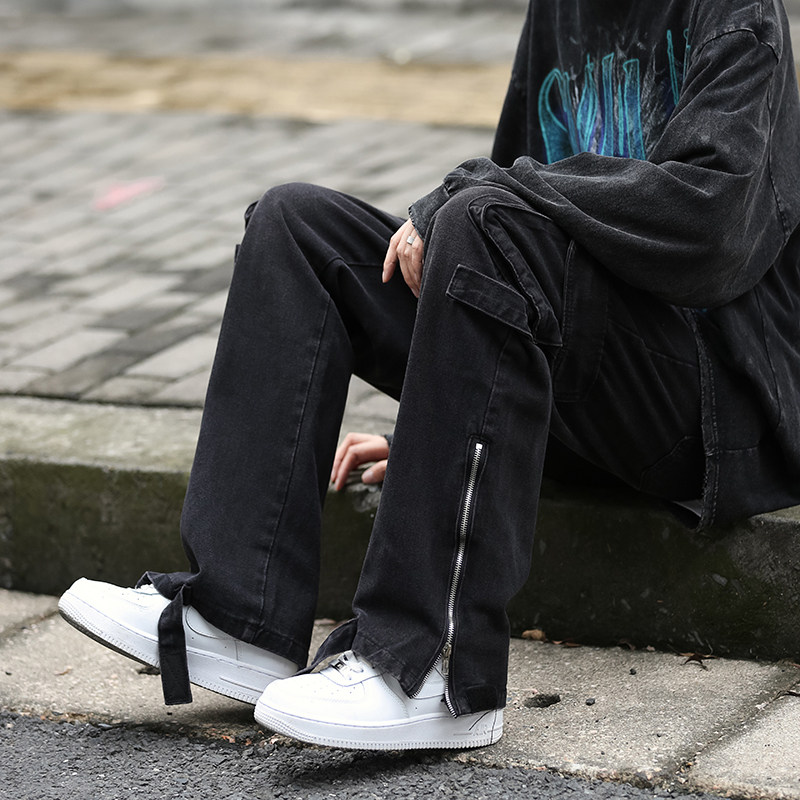 秋款男牛仔工装口袋拉链织带模式贴直筒宽松牛仔长裤n,男装牛仔裤,星座1013-1