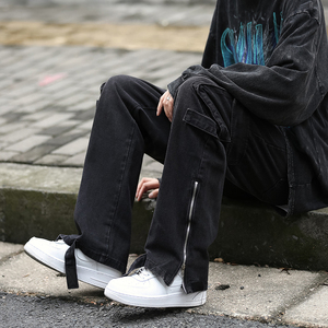 秋款男牛仔工装口袋拉链织带模式贴直筒宽松牛仔长裤n图片