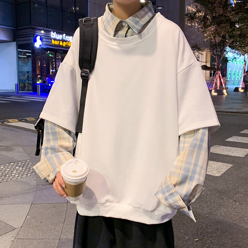 港风秋款男假两件衬衫休闲卫衣套头格子拼色打底外套wy751 P45图片