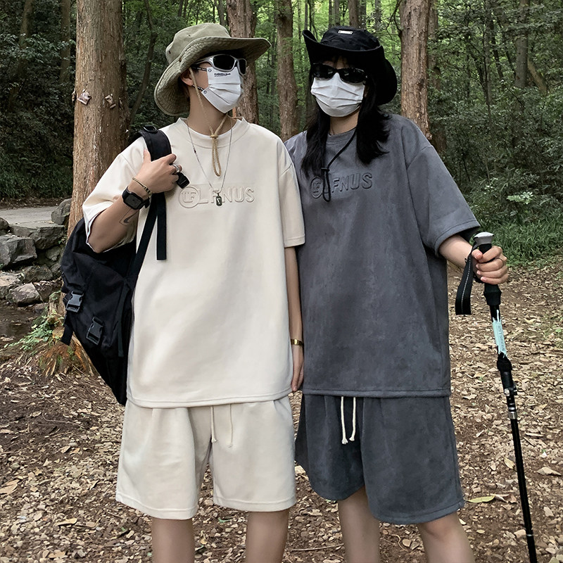 夏男套装字母钢印水洗短袖T恤五分短裤情侣款运动两件套TZ07 P55图片