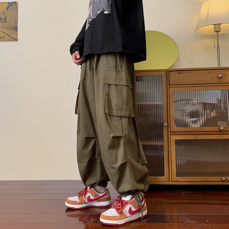 港风秋款男裤工装大口袋宽松直筒抽绳系带纯棉休闲长裤h747P45,男装休闲裤,星座1013-1