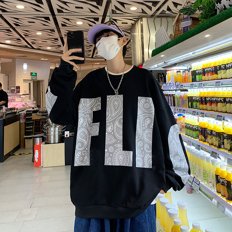 港风秋款男休闲卫衣圆领套头腰果字母印花拼接情侣款外套wy29,男装卫衣,星座1013-1