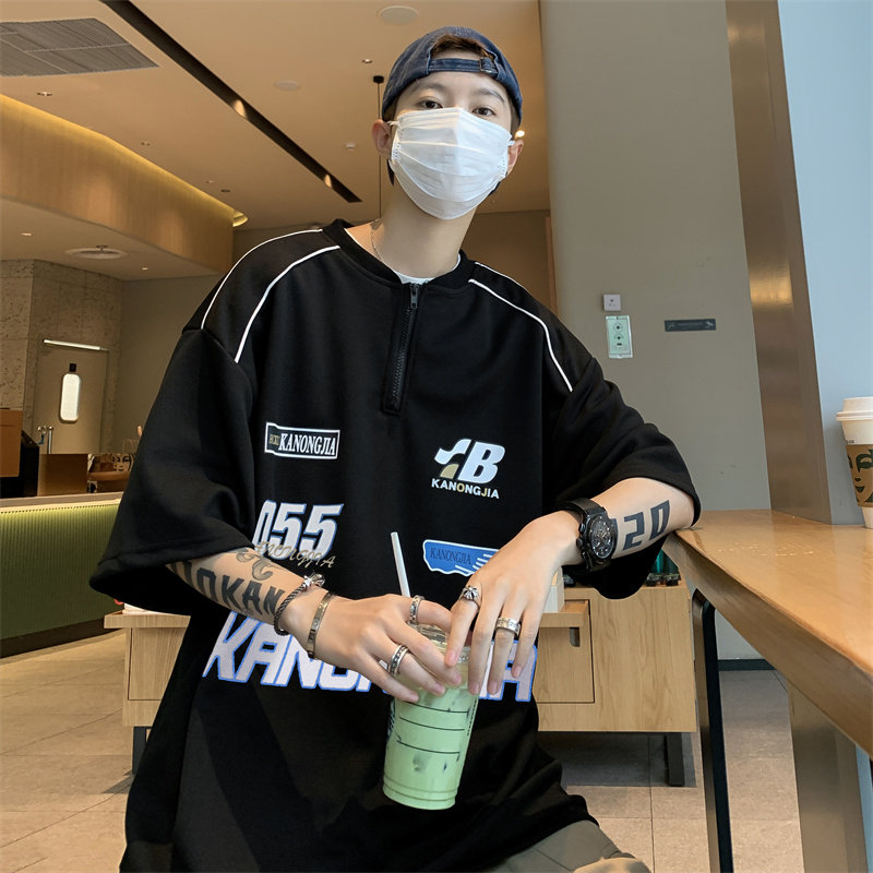港风夏男短袖T恤拉链字母印花图案机车T恤衫T015P35,男装T恤,星座1013-1