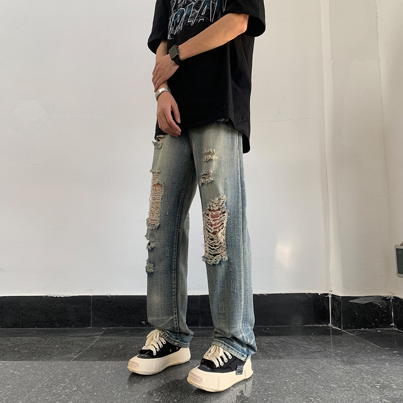 港风夏款男牛仔裤膝盖大破洞直筒宽松休闲长裤nk8037P45,男装牛仔裤,星座1013-1