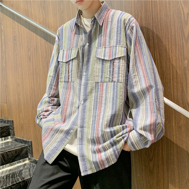 2021港风秋款男休闲衬衫彩色条纹拼色长袖韩版翻领衬衣CS728P35,男装衬衫,星座1013-1