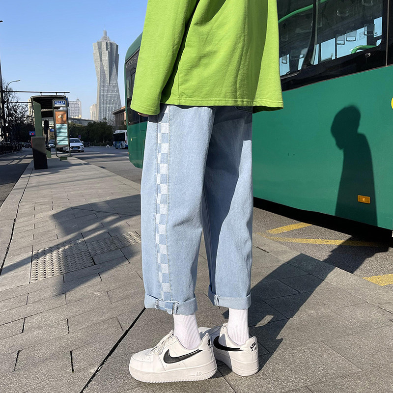 2021港风春夏款男牛仔裤工装格子拼接直筒休闲九分裤nk8055P38,男装牛仔裤,星座1013-1