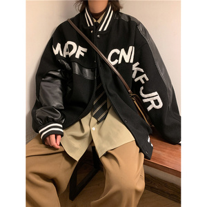 港风秋冬款男毛呢拼皮夹克棒球立领字母刺绣印花外套DY6572图片
