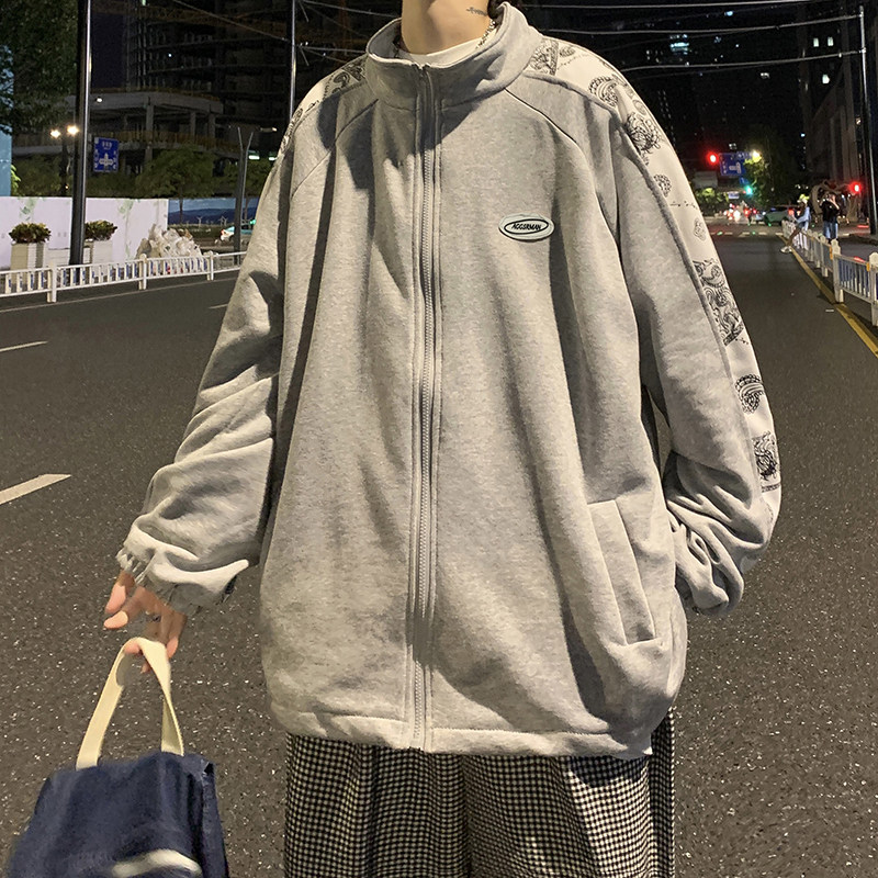 2021港风秋男夹克开衫腰果印花拼接拉链运动卫衣外套J,男装夹克,星座1013-1