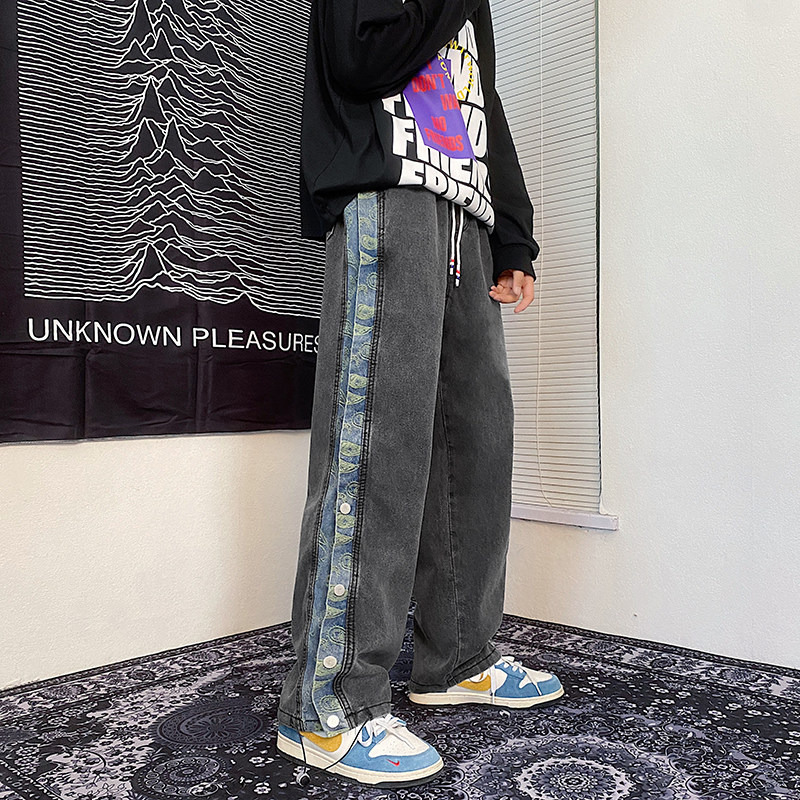 2021港风秋款男牛仔裤腰果印花拼接直筒宽休闲长裤n,男装牛仔裤,星座1013-1