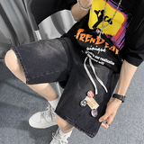 港风夏款男牛仔短裤徽章字母贴标休闲中裤D6609P45，男装牛仔裤，星座1013-1