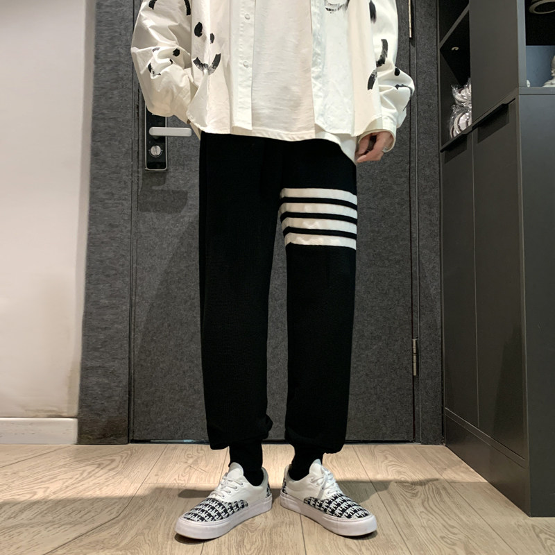 2022港风春款男束脚裤华夫格三条杠条纹印花休闲九分裤h656,男装休闲裤,星座1013-1
