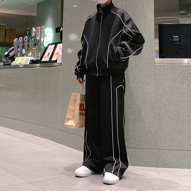 港风秋款男休闲运动套装条纹立领拉链卫衣外套休闲长裤TZ119 P75图片
