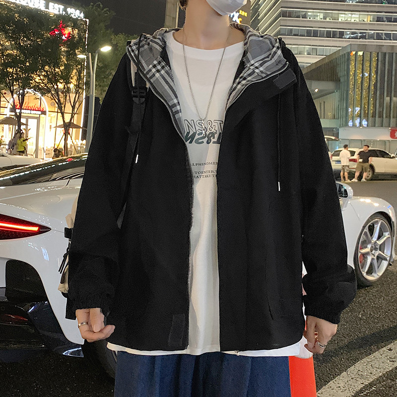 2021港风秋款男夹克连帽魔术贴拉链格子宽松休闲外套JK03P60,男装夹克,星座1013-1