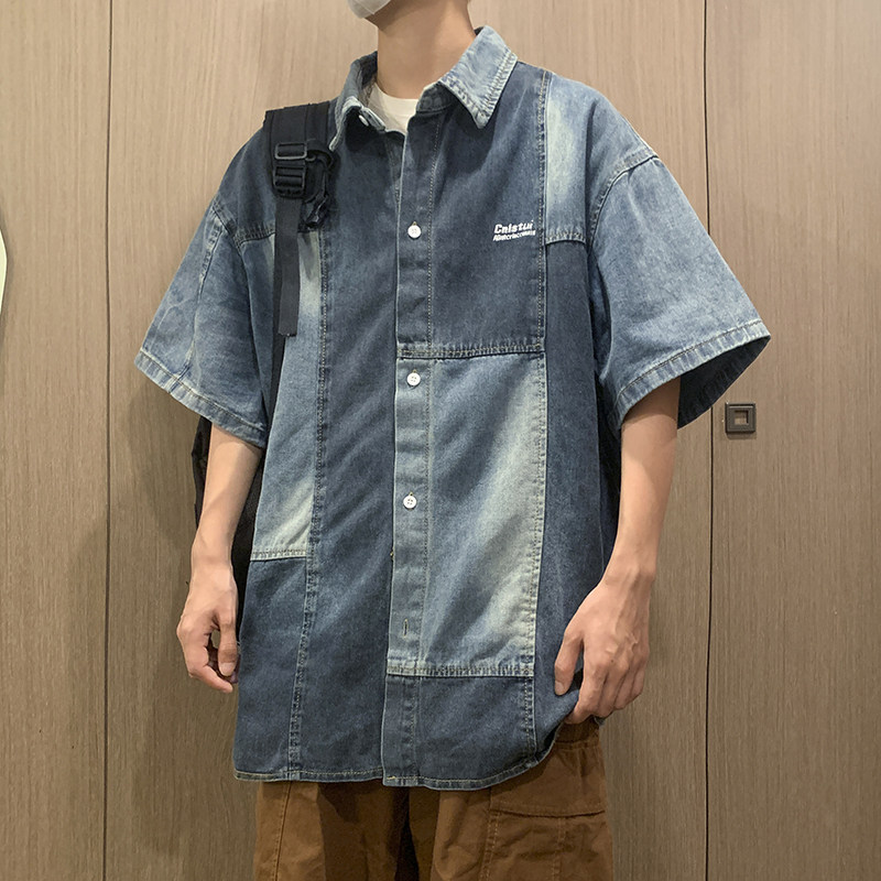 高品质夏款男短袖牛仔衬衫字母印花渐变拼色百搭衬衣CS991P58,男装衬衫,星座1013-1