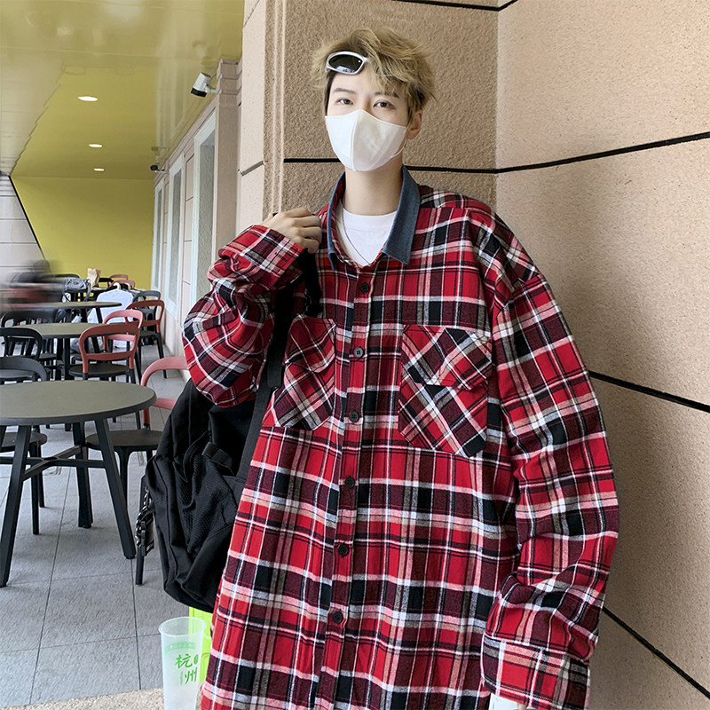 高品质秋款男长袖衬衫格子拼接牛仔领拼色宽松衬衣外套CS1321P40,男装衬衫,星座1013-1