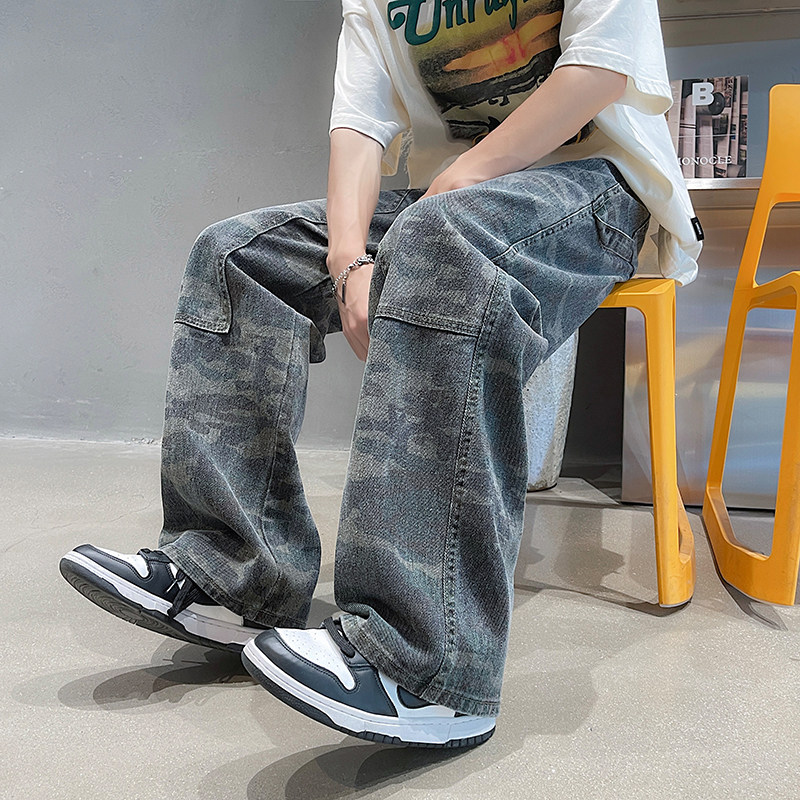 港风夏款男牛仔裤迷彩工装潮男直筒休闲牛仔长裤n图片