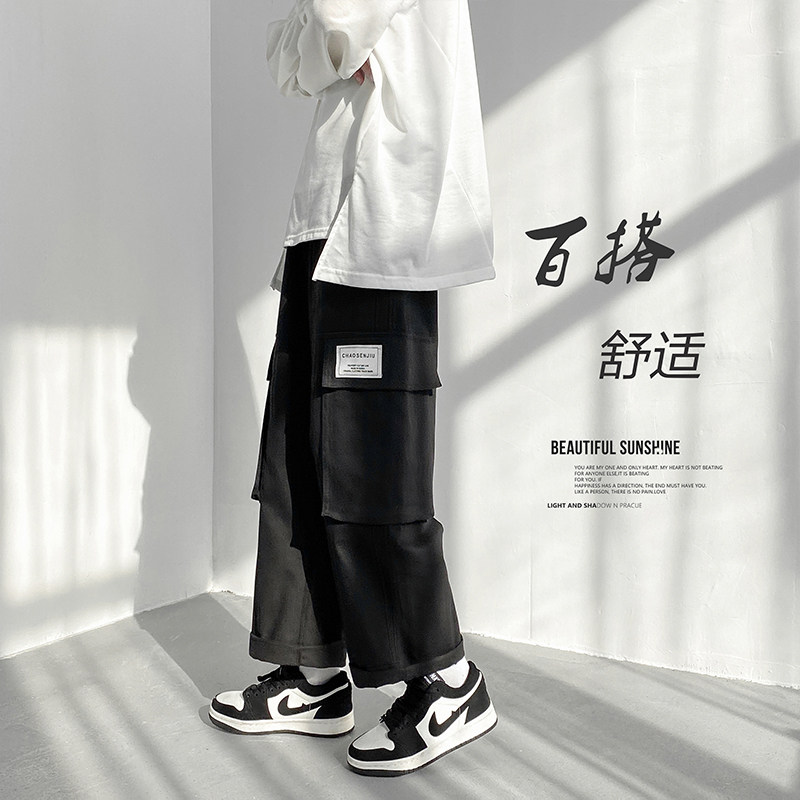2022港风春款男工装裤大口袋宽松阔腿字母印花九分裤h63,男装休闲裤,星座1013-1